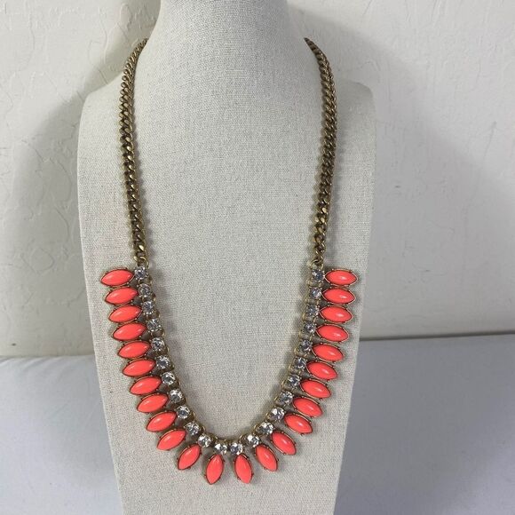 J CREW Bright Orange Tear drop w/ Clear Rhinestones , brass chain - Picture 1 of 4